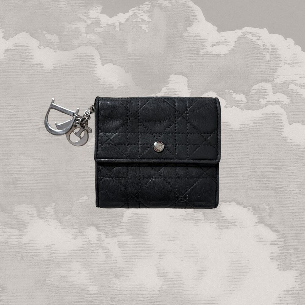 CHRISTIAN DIOR Cannage Wallet & silver Logo Charm Black Leather FREE CHAIN